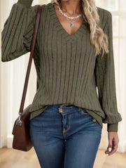 Casual V-Neck Knit Fabric Long Sleeve T-Shirt For Women In Solid Colo